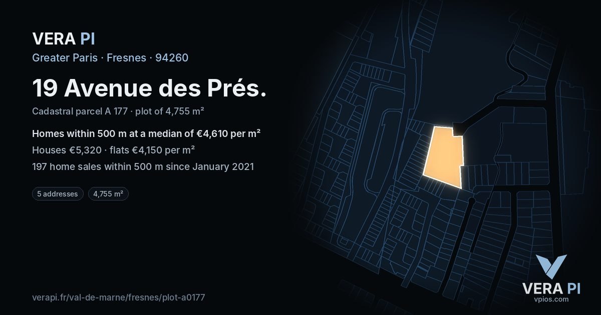 19 Avenue des Prés, Fresnes at night – the plot lit, the parcels around coloured by the prices near them