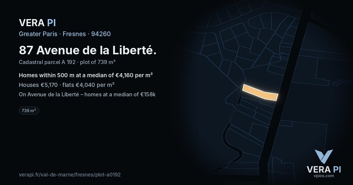 87 Avenue de la Liberté, Fresnes at night – the plot lit, the parcels around coloured by the prices near them