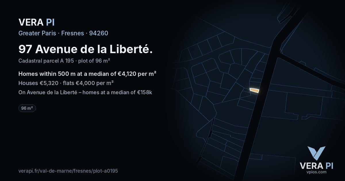 97 Avenue de la Liberté, Fresnes at night – the plot lit, the parcels around coloured by the prices near them