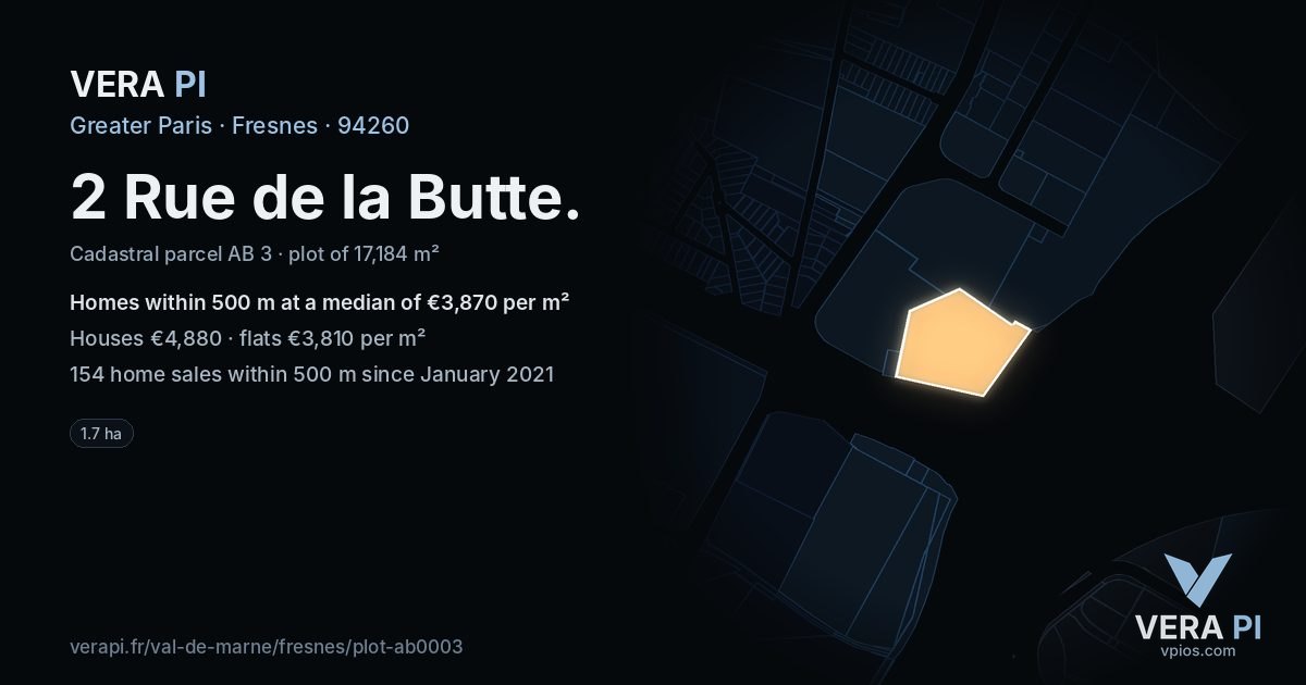 2 Rue de la Butte, Fresnes at night – the plot lit, the parcels around coloured by the prices near them