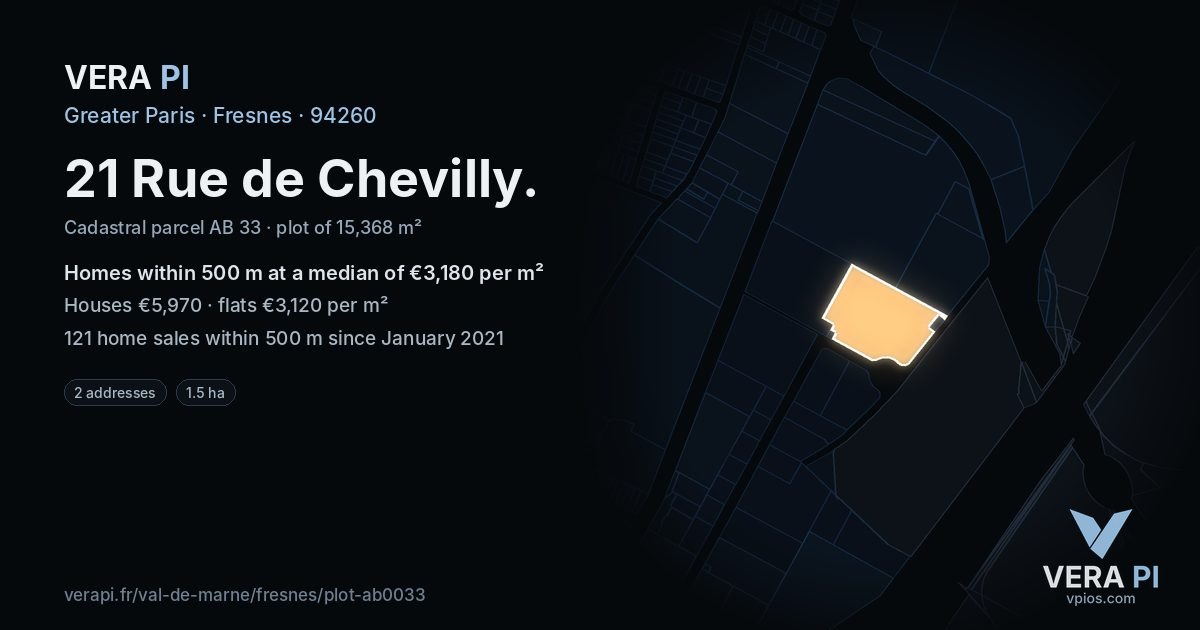 21 Rue de Chevilly, Fresnes at night – the plot lit, the parcels around coloured by the prices near them