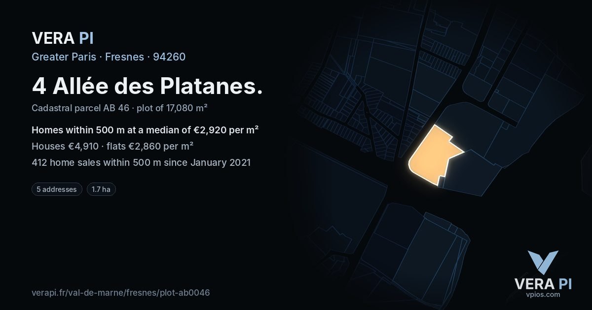 4 Allée des Platanes, Fresnes at night – the plot lit, the parcels around coloured by the prices near them