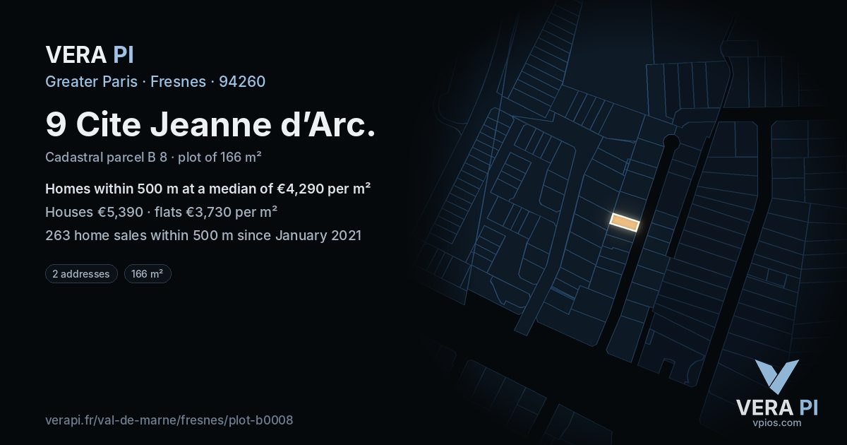 9 Cite Jeanne d’Arc, Fresnes at night – the plot lit, the parcels around coloured by the prices near them
