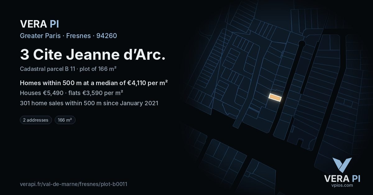 3 Cite Jeanne d’Arc, Fresnes at night – the plot lit, the parcels around coloured by the prices near them