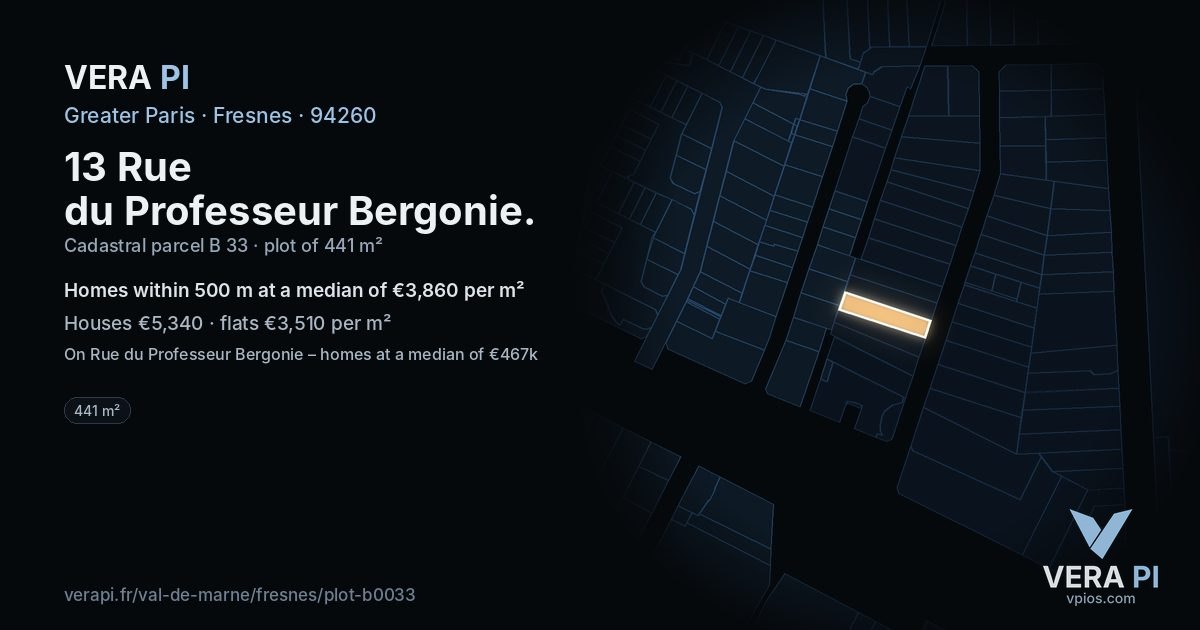 13 Rue du Professeur Bergonie, Fresnes at night – the plot lit, the parcels around coloured by the prices near them