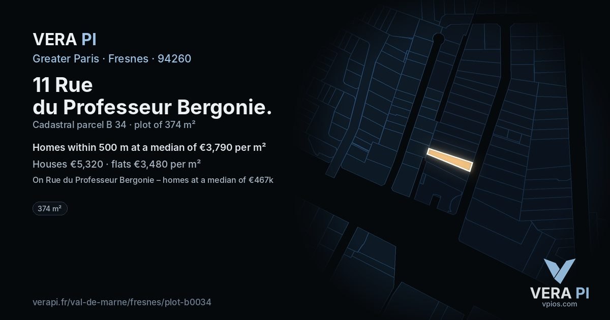 11 Rue du Professeur Bergonie, Fresnes at night – the plot lit, the parcels around coloured by the prices near them