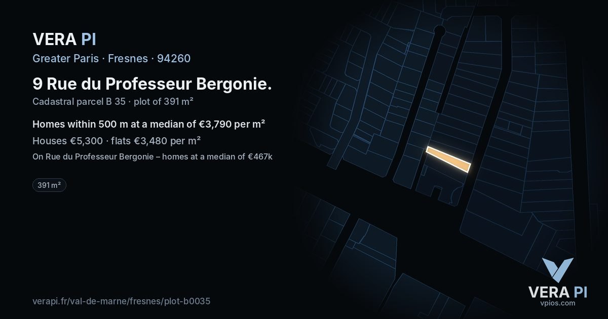 9 Rue du Professeur Bergonie, Fresnes at night – the plot lit, the parcels around coloured by the prices near them