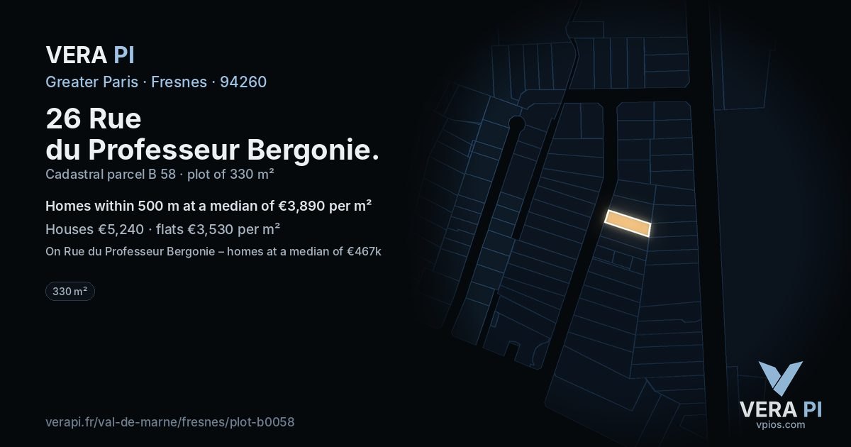 26 Rue du Professeur Bergonie, Fresnes at night – the plot lit, the parcels around coloured by the prices near them