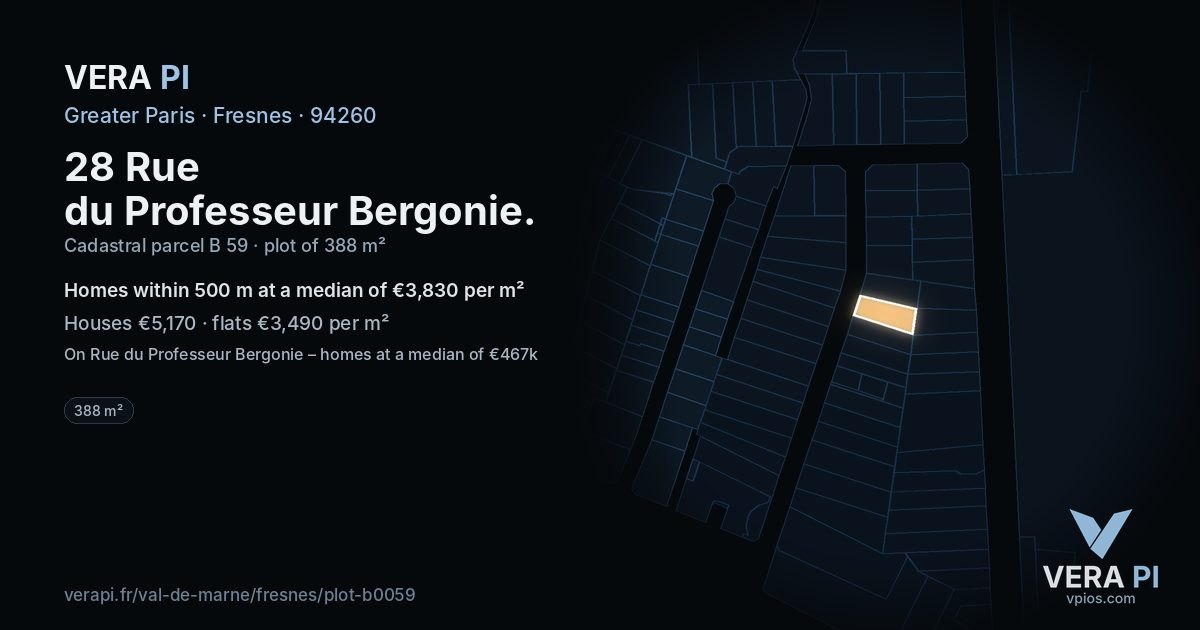 28 Rue du Professeur Bergonie, Fresnes at night – the plot lit, the parcels around coloured by the prices near them