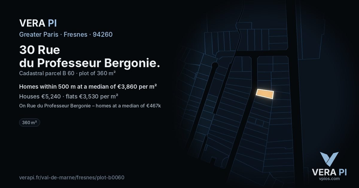 30 Rue du Professeur Bergonie, Fresnes at night – the plot lit, the parcels around coloured by the prices near them