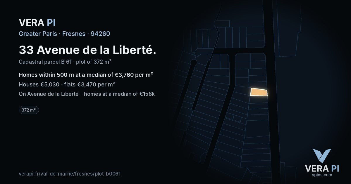 33 Avenue de la Liberté, Fresnes at night – the plot lit, the parcels around coloured by the prices near them