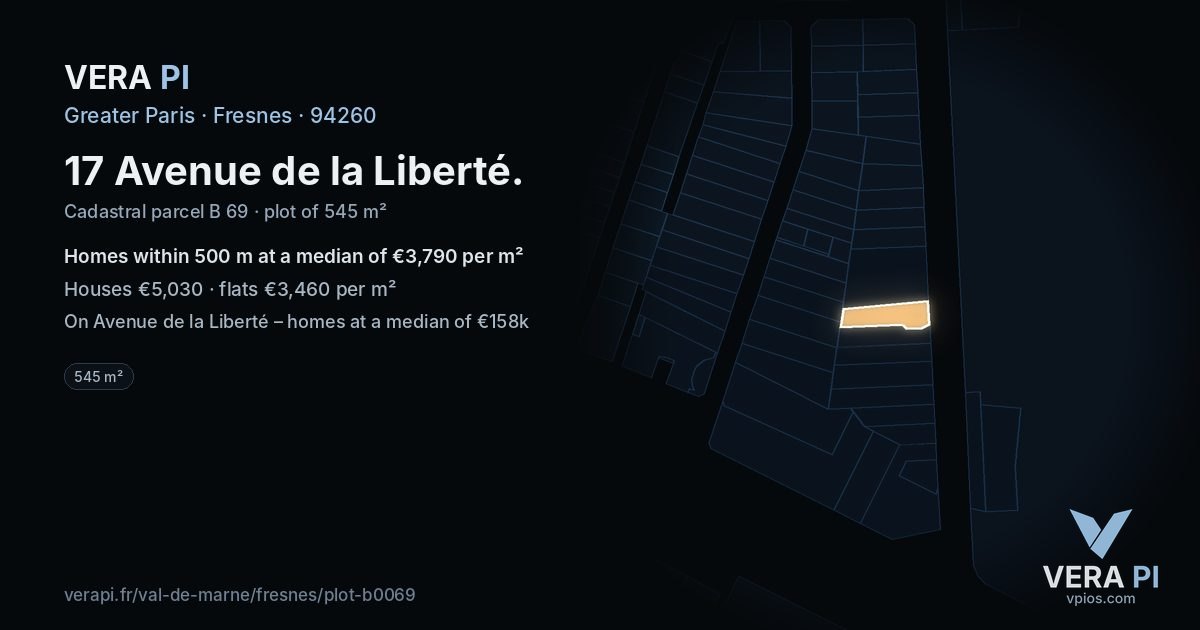 17 Avenue de la Liberté, Fresnes at night – the plot lit, the parcels around coloured by the prices near them