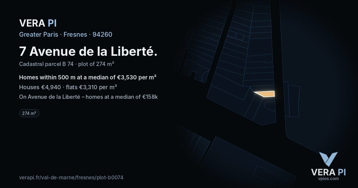 7 Avenue de la Liberté, Fresnes at night – the plot lit, the parcels around coloured by the prices near them
