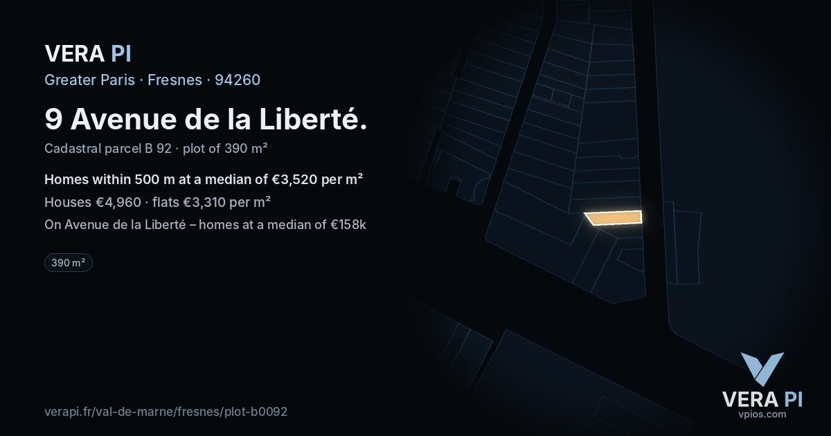 9 Avenue de la Liberté, Fresnes at night – the plot lit, the parcels around coloured by the prices near them