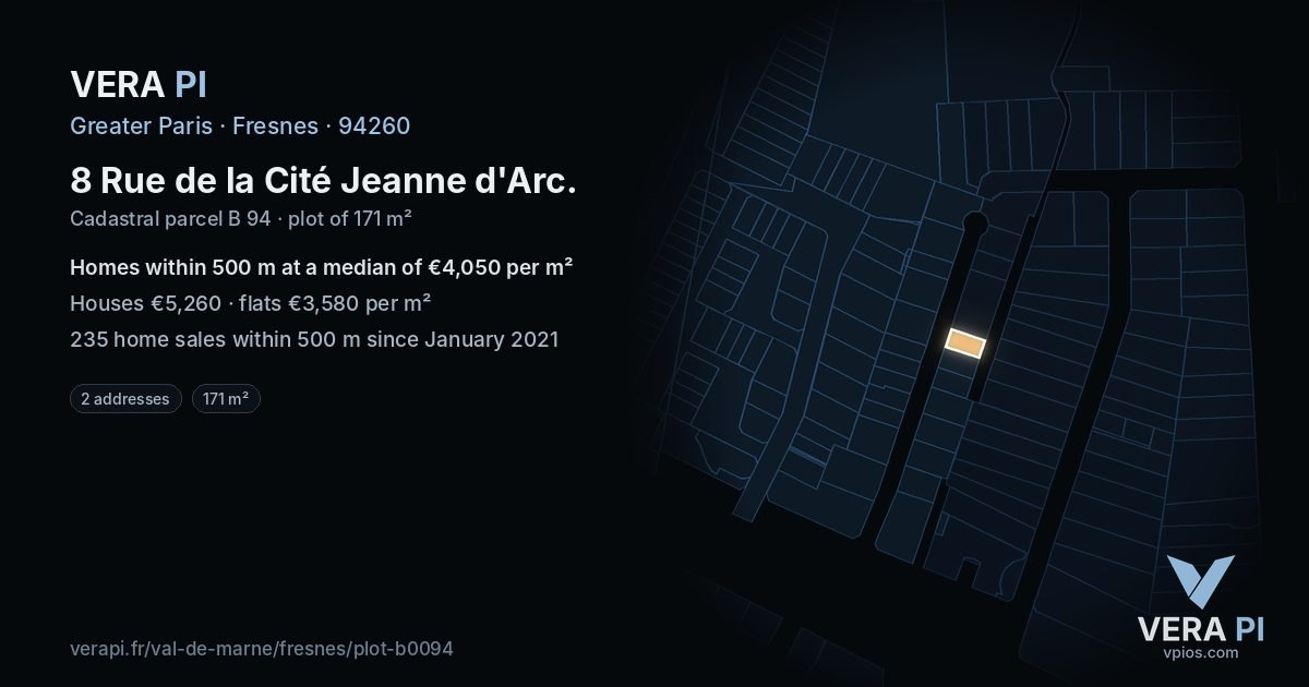 8 Rue de la Cité Jeanne d'Arc, Fresnes at night – the plot lit, the parcels around coloured by the prices near them
