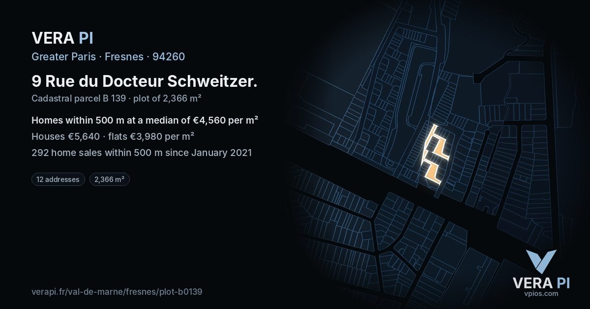 9 Rue du Docteur Schweitzer, Fresnes at night – the plot lit, the parcels around coloured by the prices near them