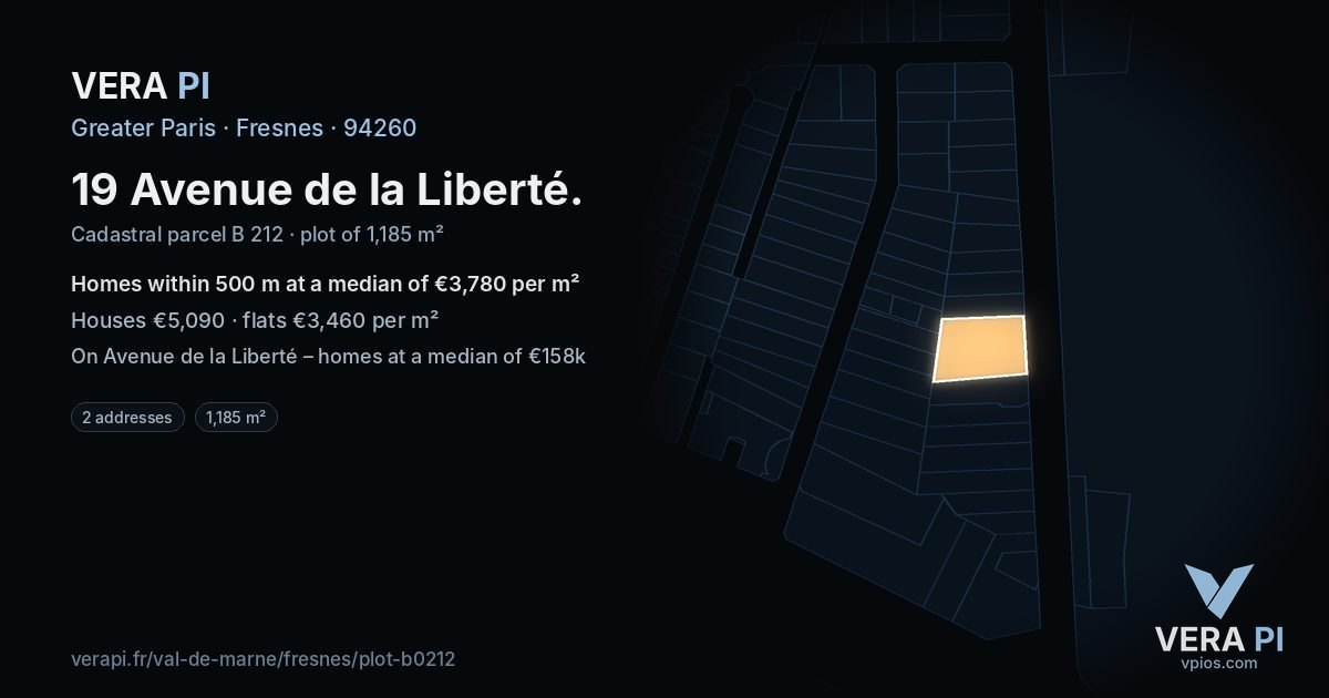 19 Avenue de la Liberté, Fresnes at night – the plot lit, the parcels around coloured by the prices near them
