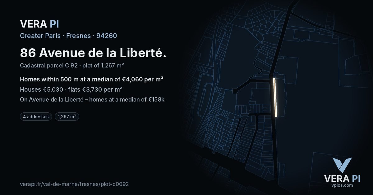 86 Avenue de la Liberté, Fresnes at night – the plot lit, the parcels around coloured by the prices near them