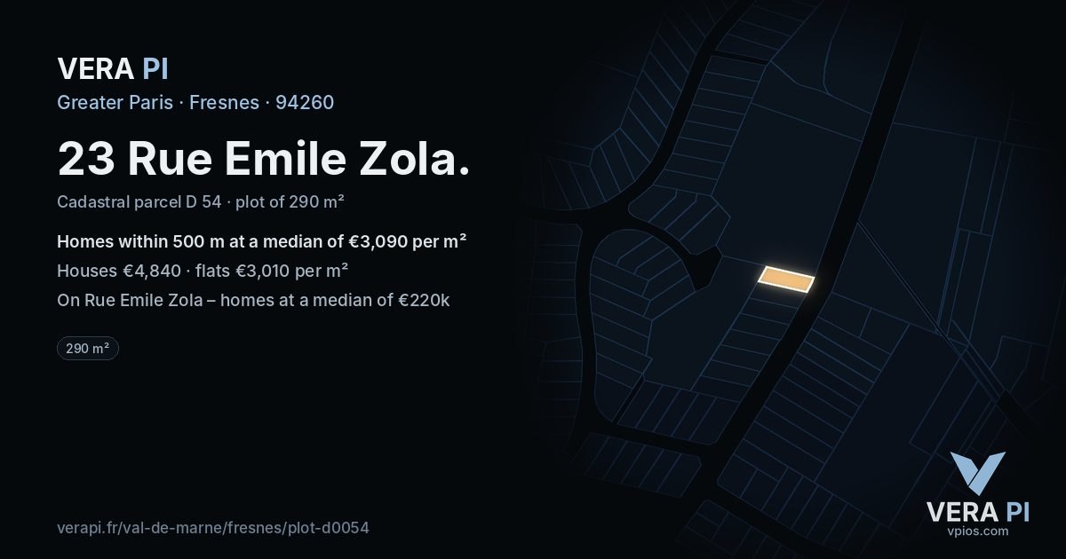 23 Rue Emile Zola, Fresnes at night – the plot lit, the parcels around coloured by the prices near them