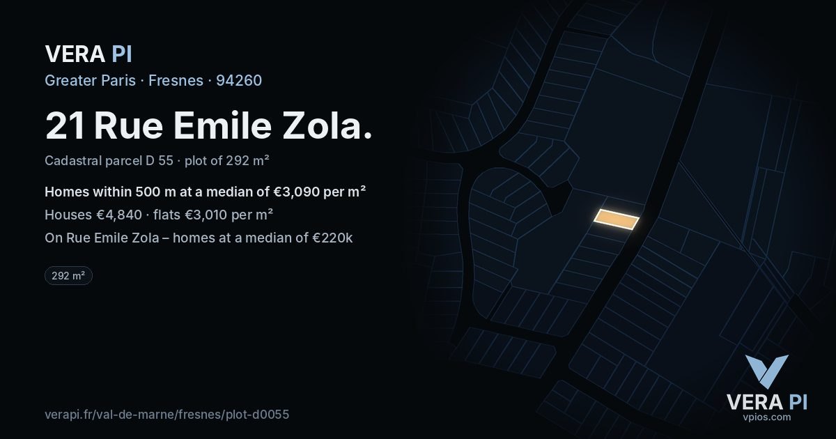 21 Rue Emile Zola, Fresnes at night – the plot lit, the parcels around coloured by the prices near them