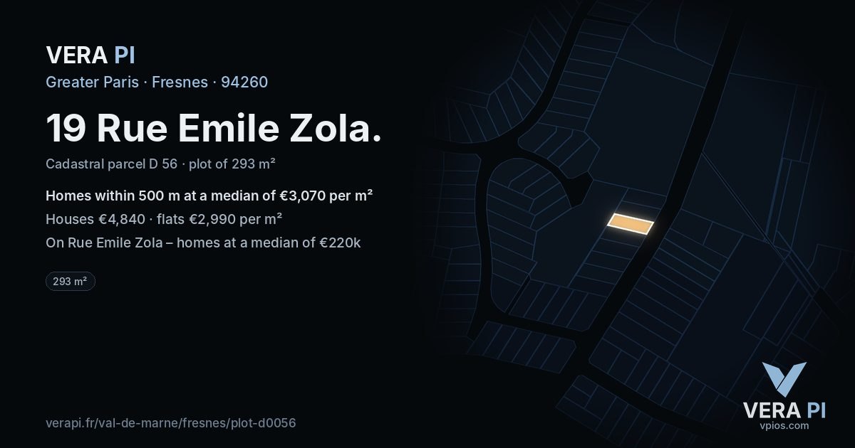 19 Rue Emile Zola, Fresnes at night – the plot lit, the parcels around coloured by the prices near them