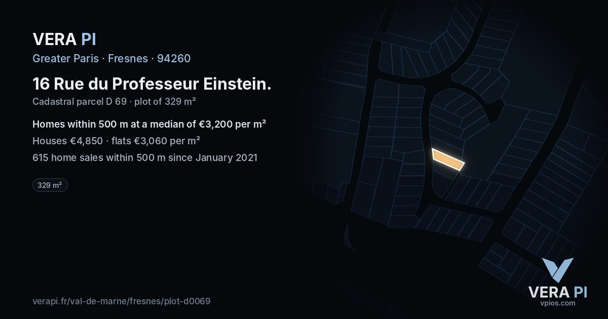 16 Rue du Professeur Einstein, Fresnes at night – the plot lit, the parcels around coloured by the prices near them