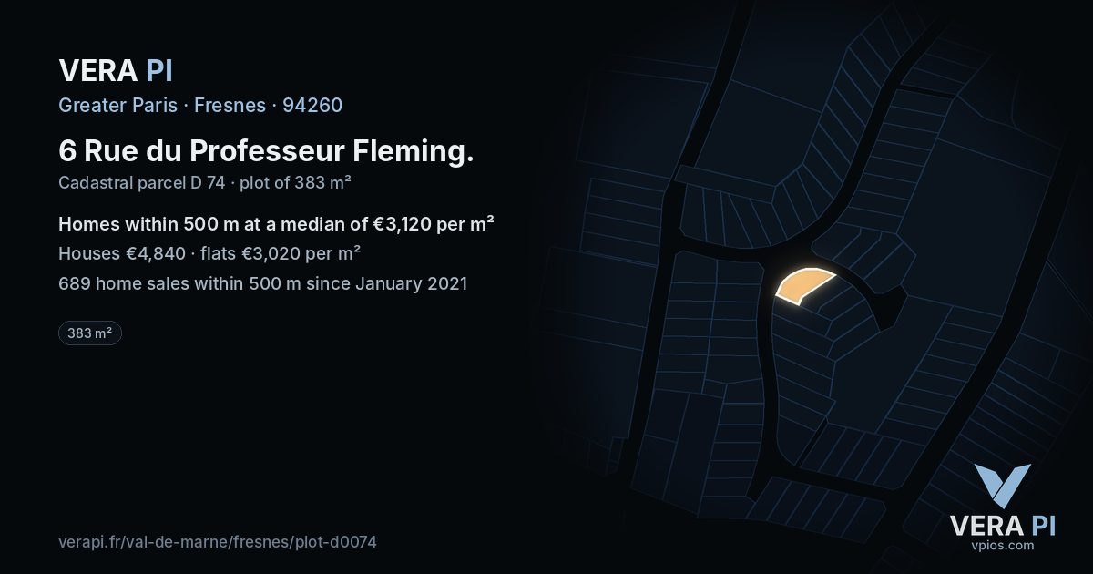 6 Rue du Professeur Fleming, Fresnes at night – the plot lit, the parcels around coloured by the prices near them
