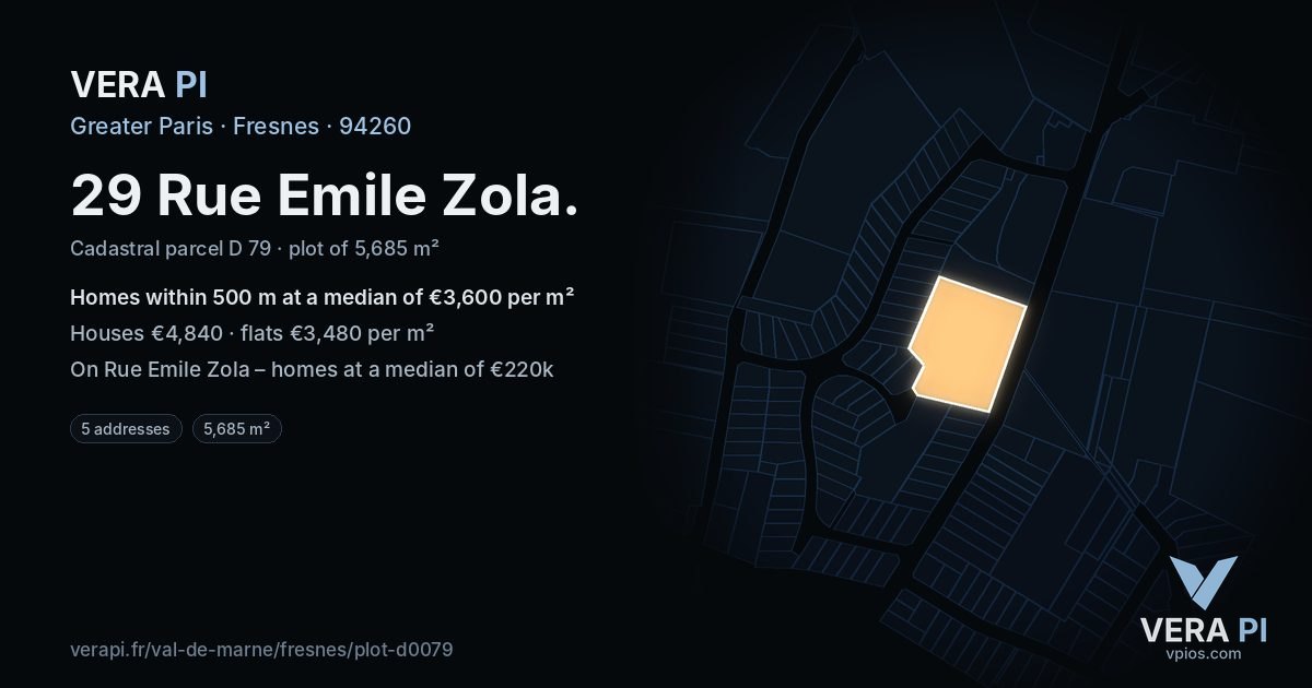 29 Rue Emile Zola, Fresnes at night – the plot lit, the parcels around coloured by the prices near them