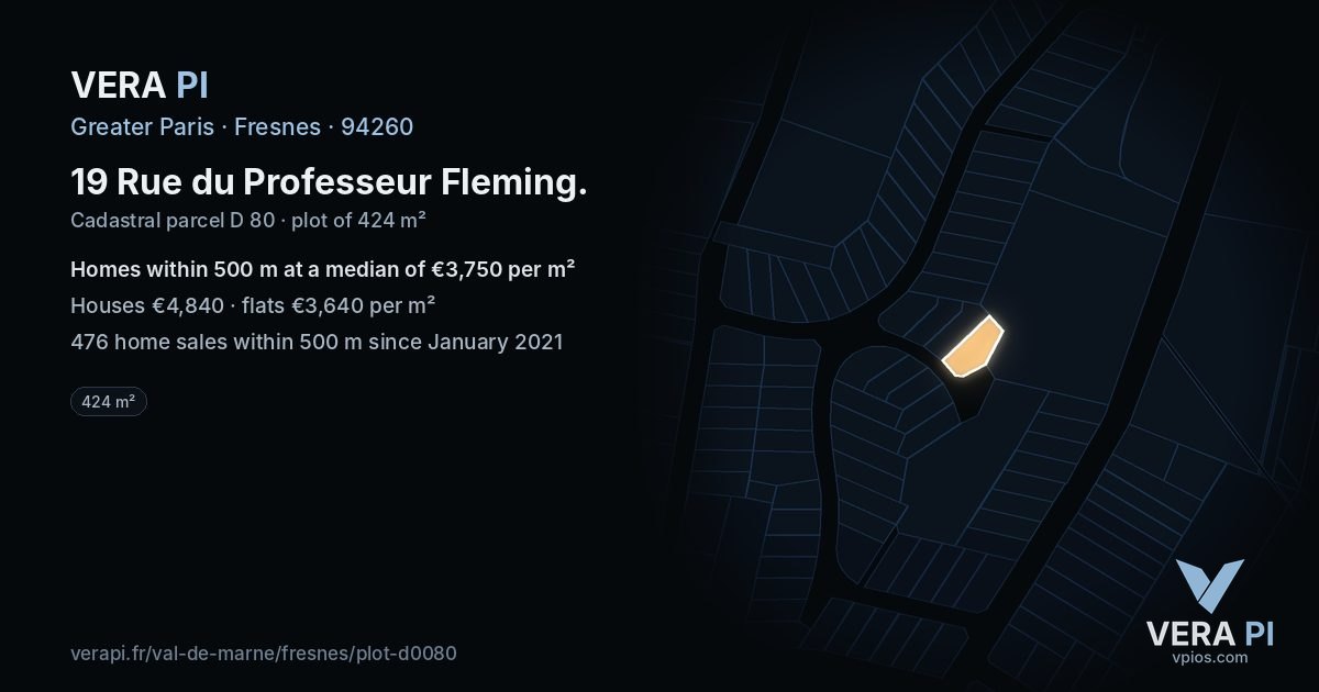 19 Rue du Professeur Fleming, Fresnes at night – the plot lit, the parcels around coloured by the prices near them