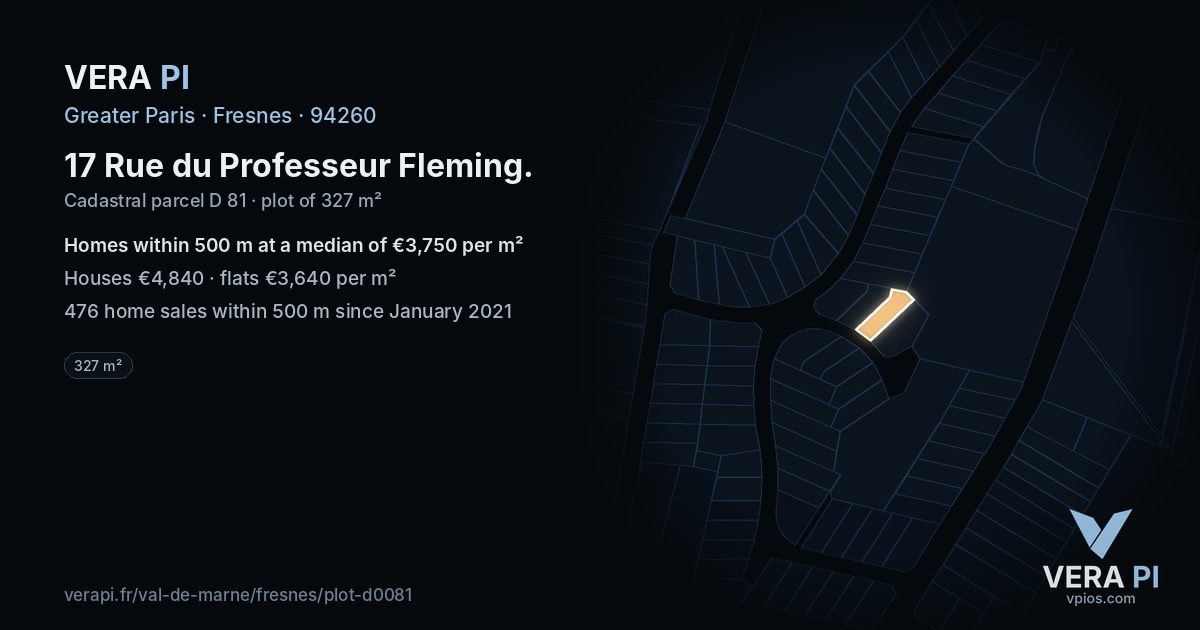 17 Rue du Professeur Fleming, Fresnes at night – the plot lit, the parcels around coloured by the prices near them