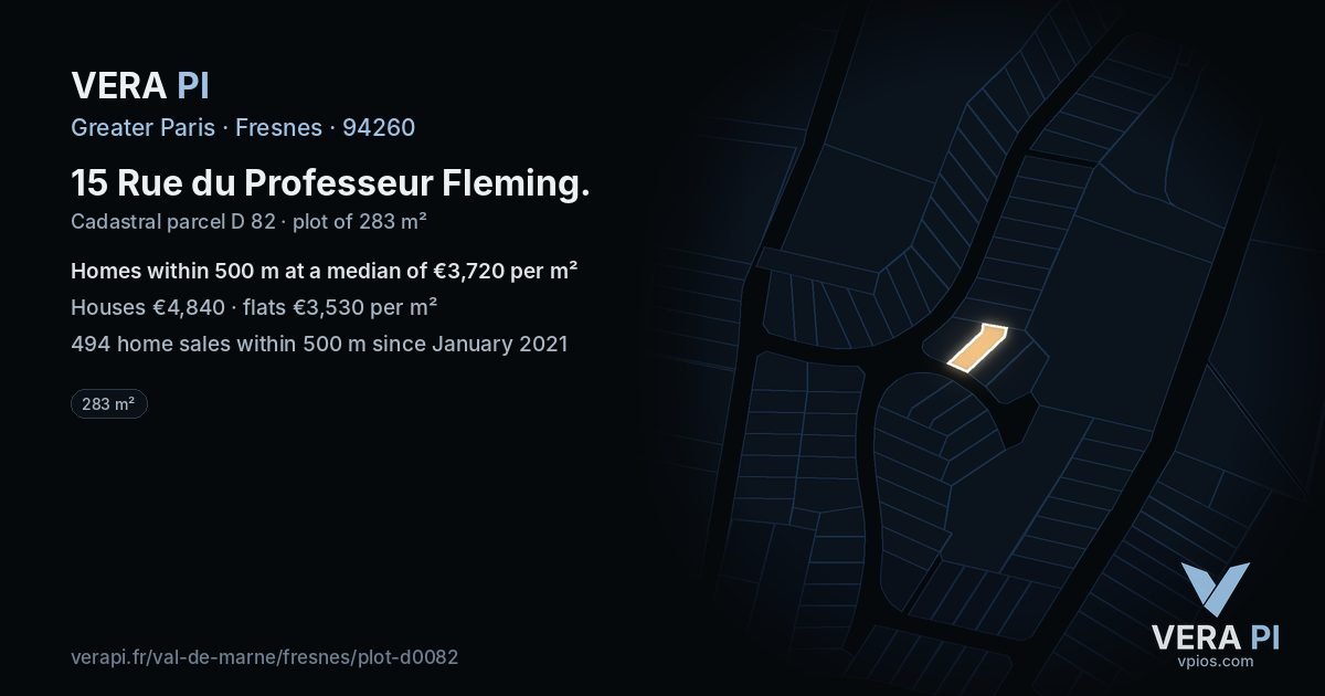 15 Rue du Professeur Fleming, Fresnes at night – the plot lit, the parcels around coloured by the prices near them