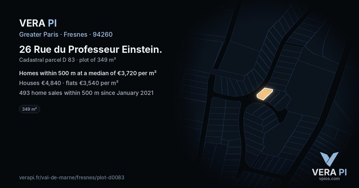 26 Rue du Professeur Einstein, Fresnes at night – the plot lit, the parcels around coloured by the prices near them