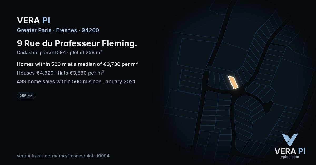9 Rue du Professeur Fleming, Fresnes at night – the plot lit, the parcels around coloured by the prices near them