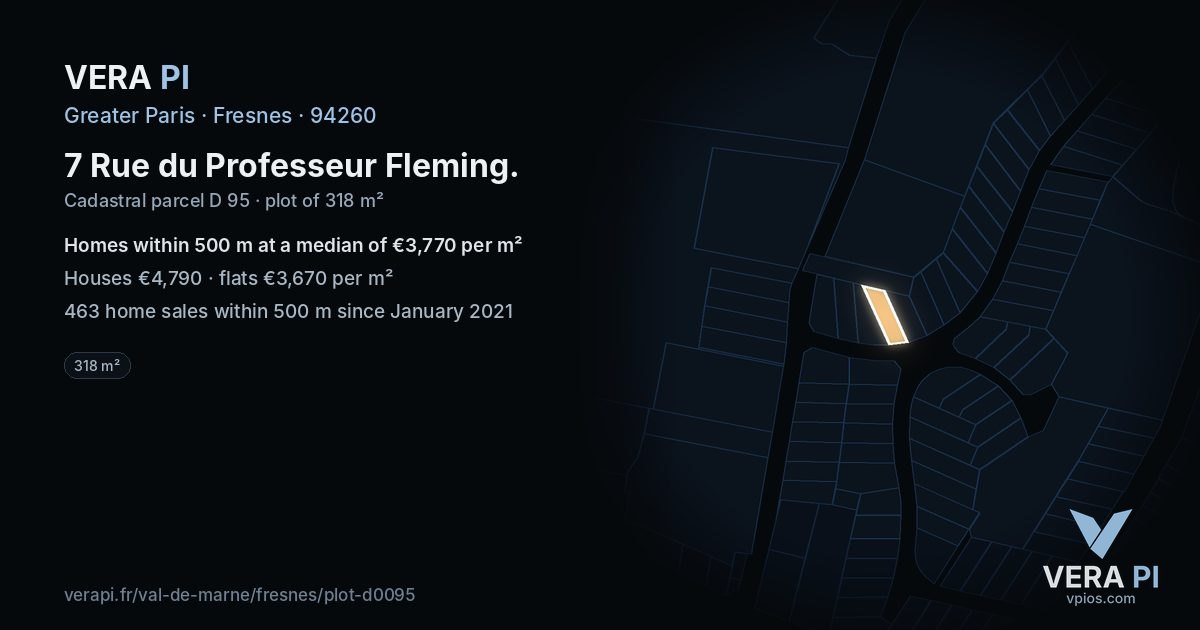 7 Rue du Professeur Fleming, Fresnes at night – the plot lit, the parcels around coloured by the prices near them