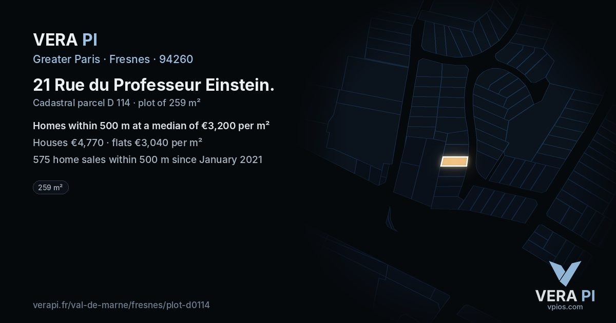 21 Rue du Professeur Einstein, Fresnes at night – the plot lit, the parcels around coloured by the prices near them
