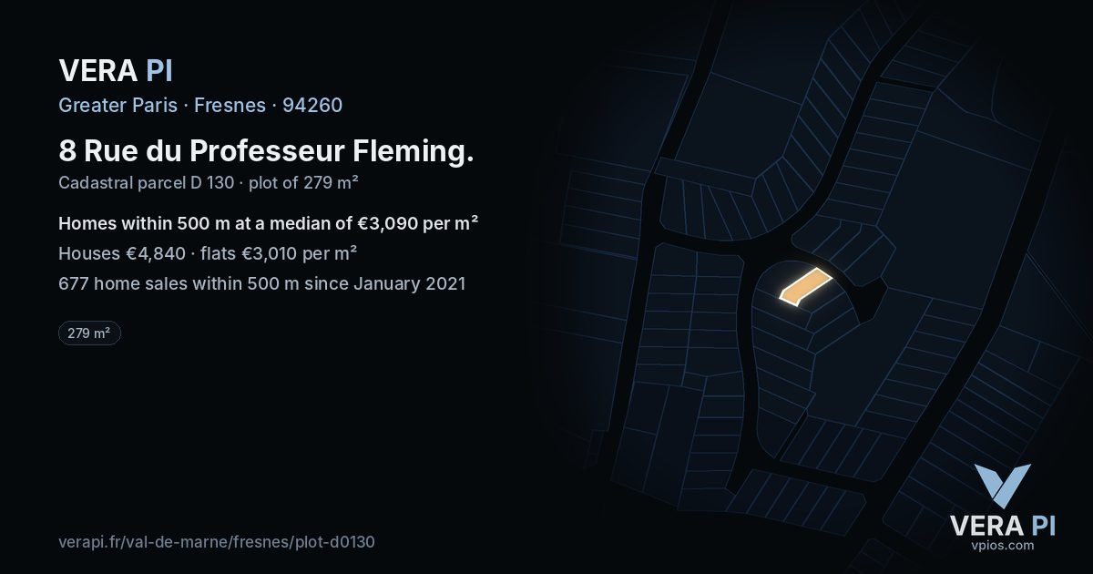8 Rue du Professeur Fleming, Fresnes at night – the plot lit, the parcels around coloured by the prices near them