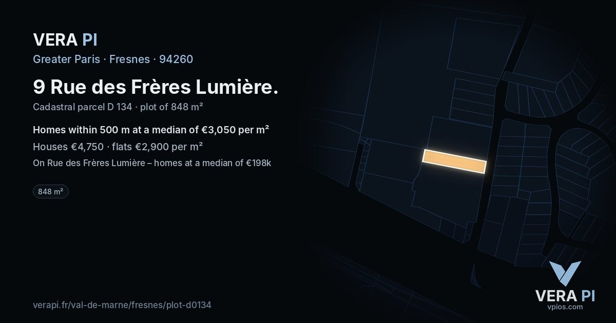 9 Rue des Frères Lumière, Fresnes at night – the plot lit, the parcels around coloured by the prices near them