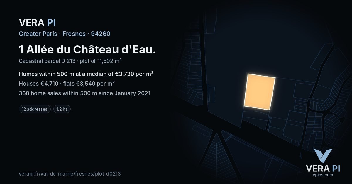 1 Allée du Château d'Eau, Fresnes at night – the plot lit, the parcels around coloured by the prices near them