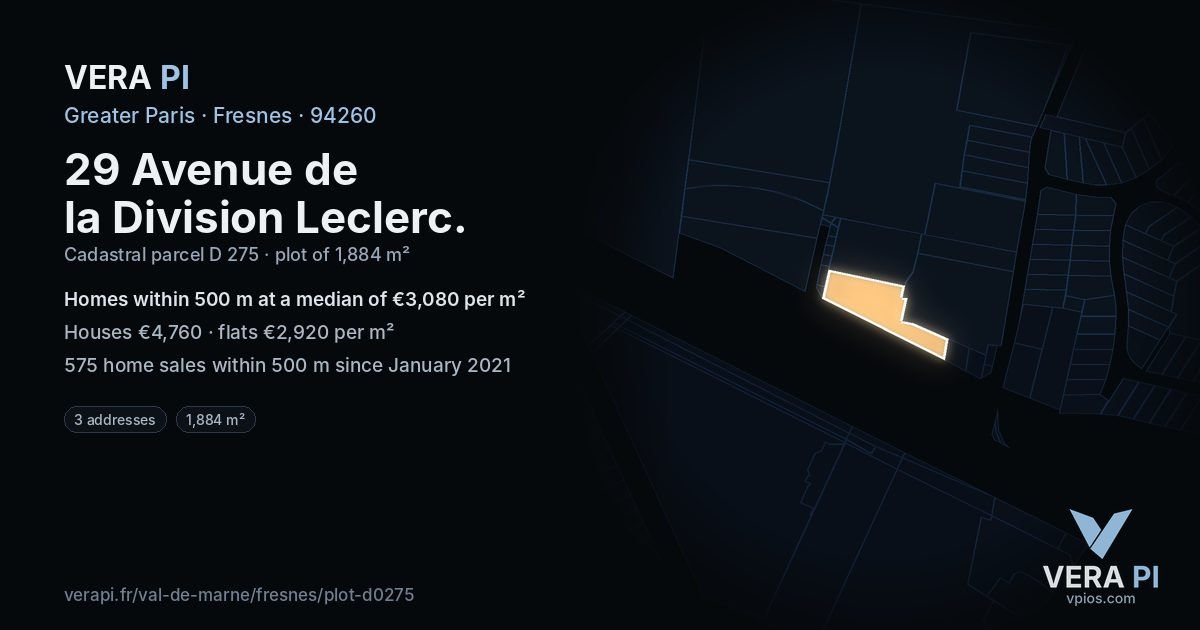 29 Avenue de la Division Leclerc, Fresnes at night – the plot lit, the parcels around coloured by the prices near them