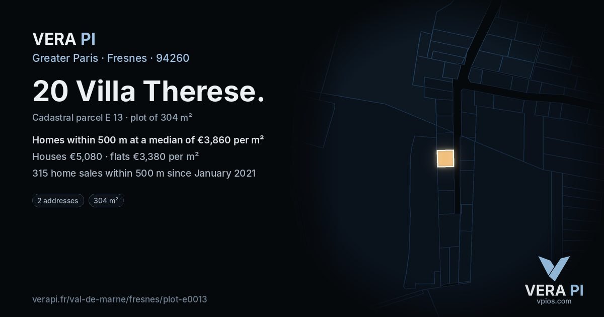 20 Villa Therese, Fresnes at night – the plot lit, the parcels around coloured by the prices near them