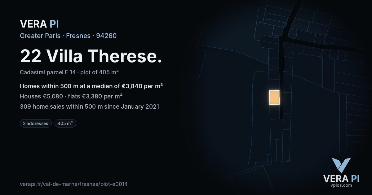 22 Villa Therese, Fresnes at night – the plot lit, the parcels around coloured by the prices near them