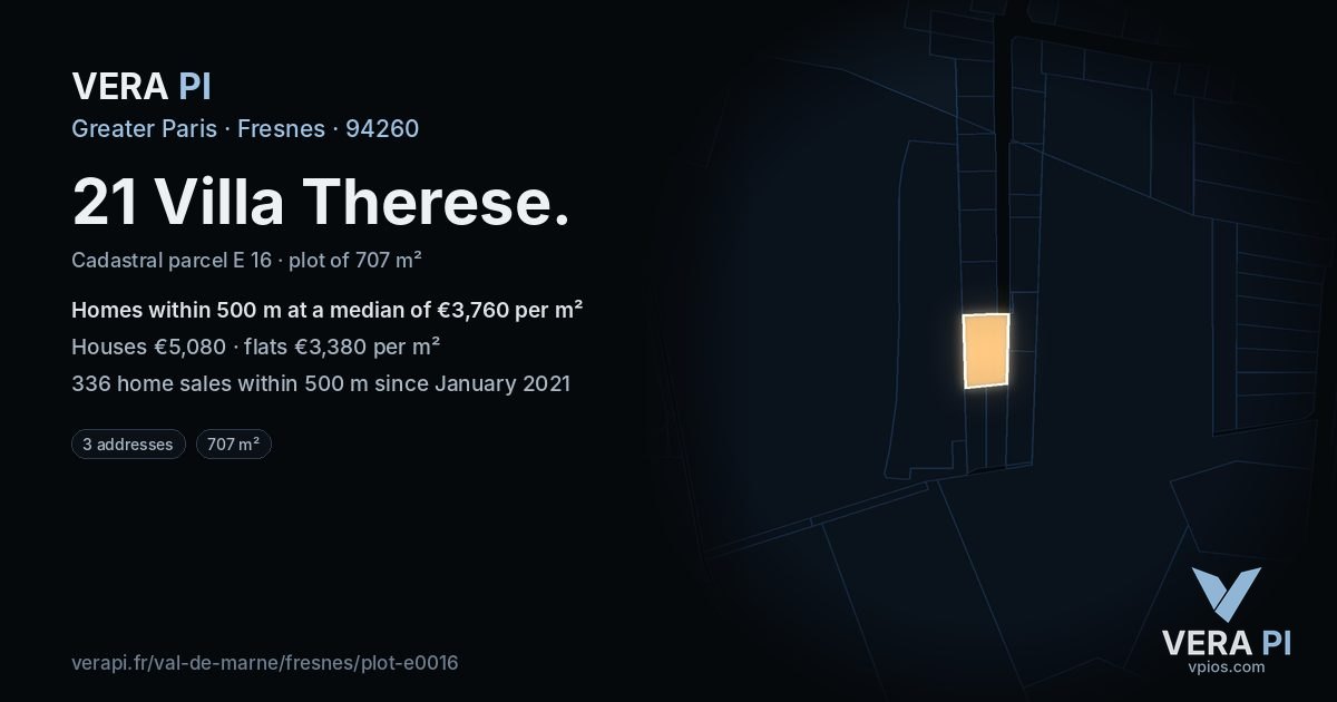 21 Villa Therese, Fresnes at night – the plot lit, the parcels around coloured by the prices near them