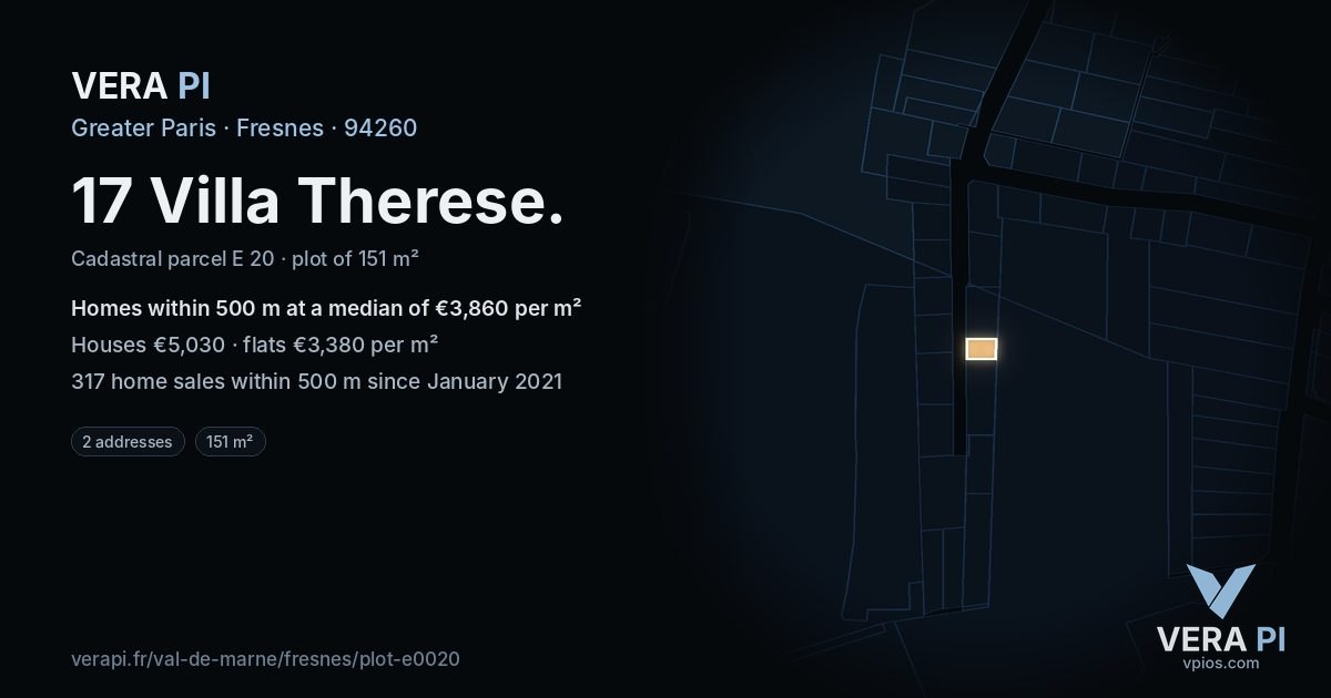 17 Villa Therese, Fresnes at night – the plot lit, the parcels around coloured by the prices near them