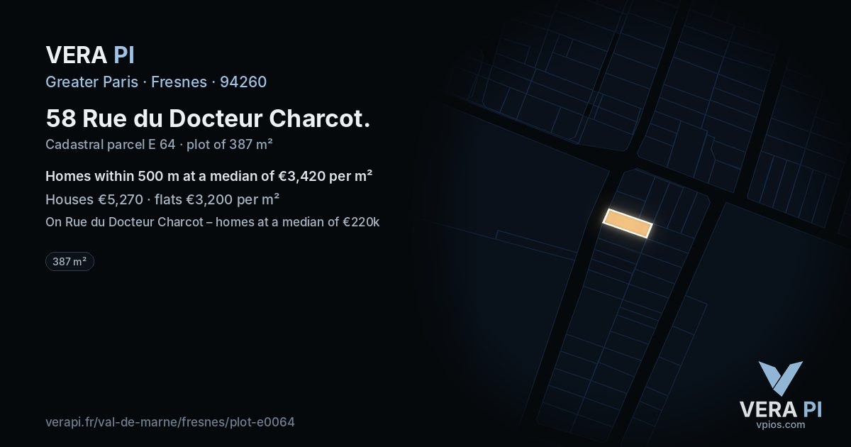 58 Rue du Docteur Charcot, Fresnes at night – the plot lit, the parcels around coloured by the prices near them