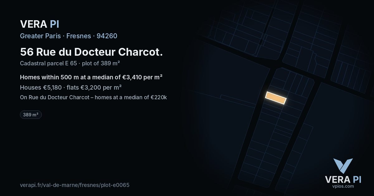 56 Rue du Docteur Charcot, Fresnes at night – the plot lit, the parcels around coloured by the prices near them