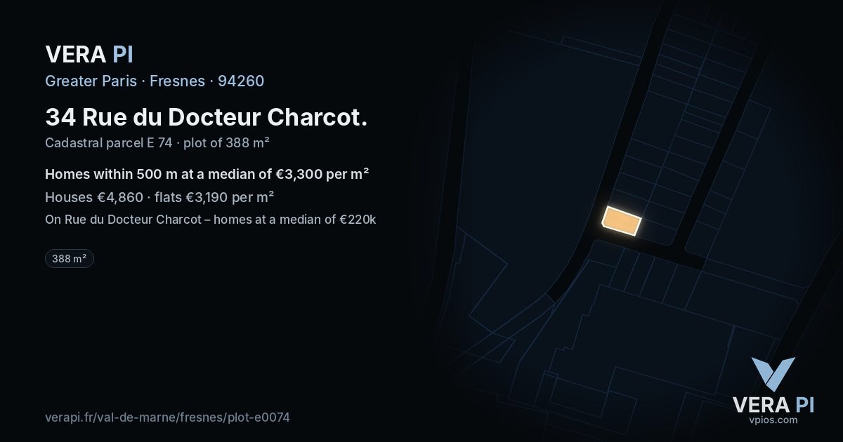 34 Rue du Docteur Charcot, Fresnes at night – the plot lit, the parcels around coloured by the prices near them