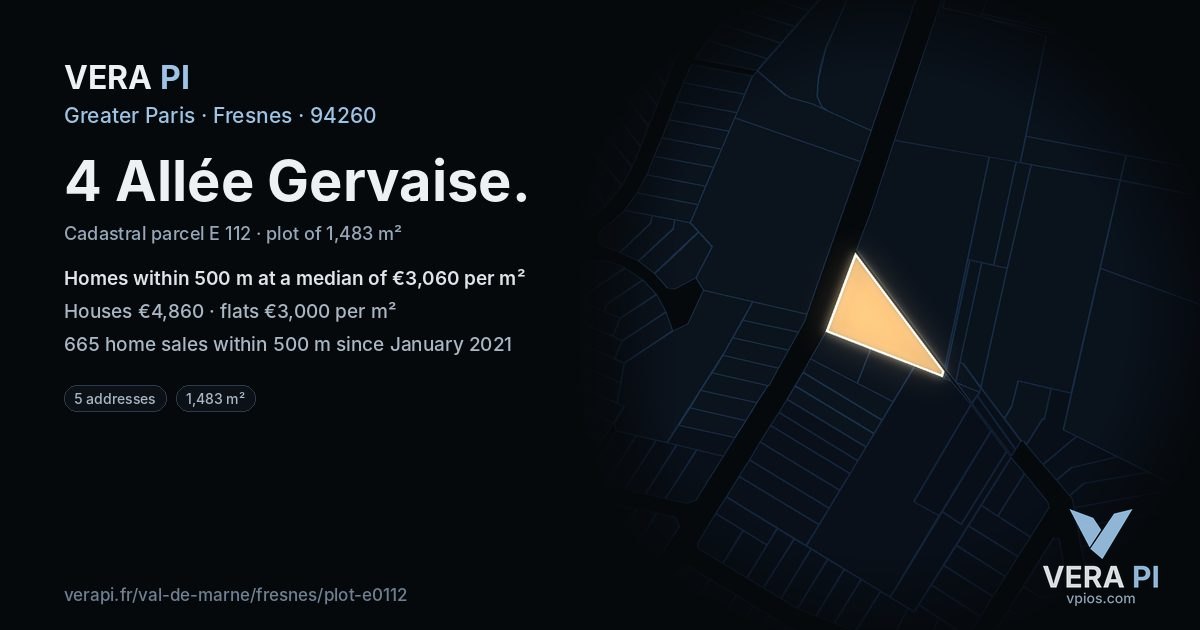 4 Allée Gervaise, Fresnes at night – the plot lit, the parcels around coloured by the prices near them