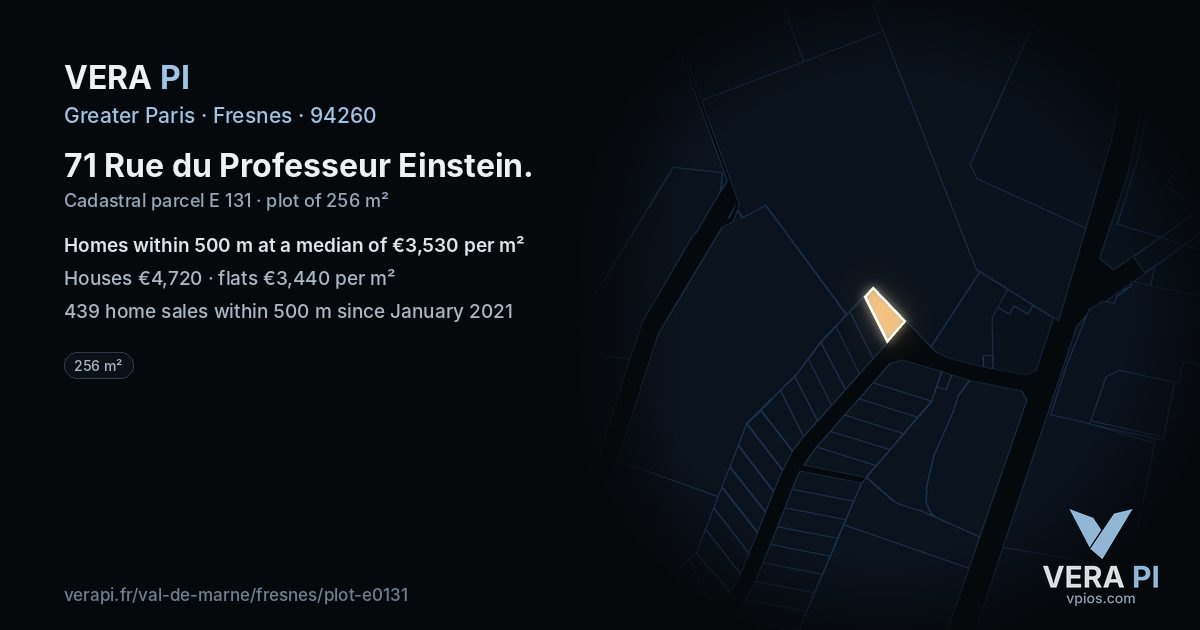 71 Rue du Professeur Einstein, Fresnes at night – the plot lit, the parcels around coloured by the prices near them