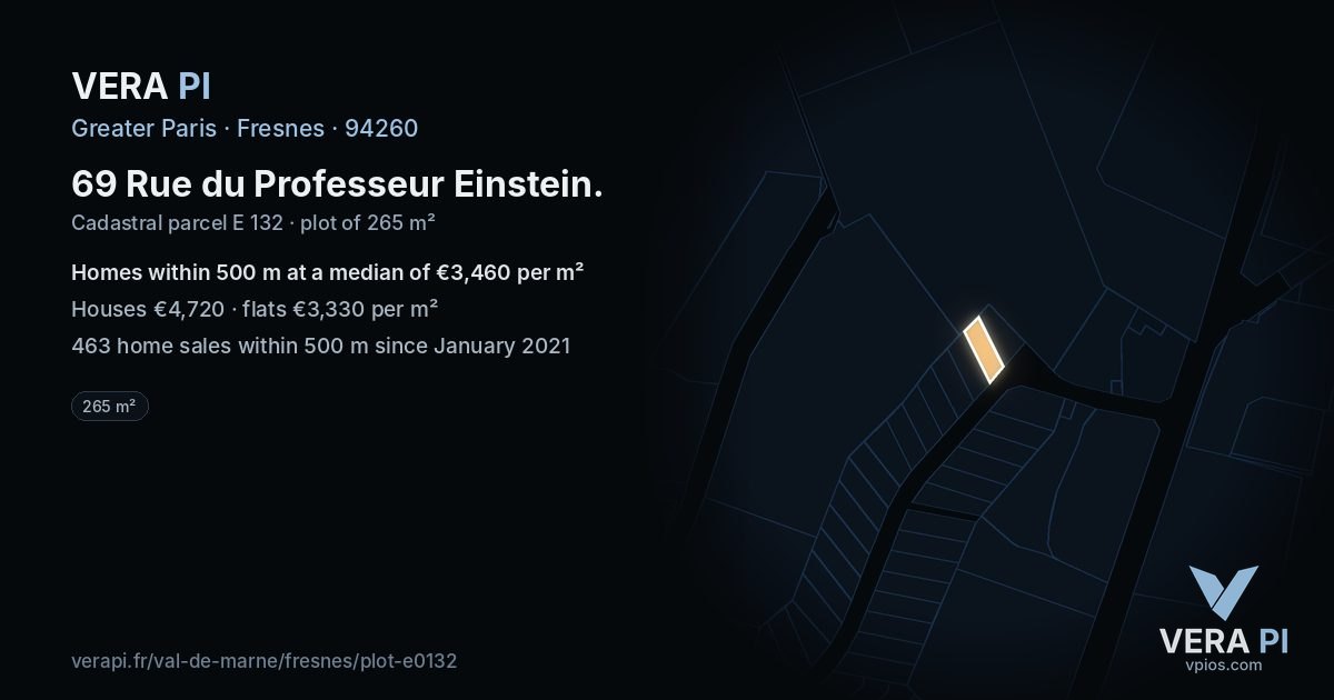 69 Rue du Professeur Einstein, Fresnes at night – the plot lit, the parcels around coloured by the prices near them