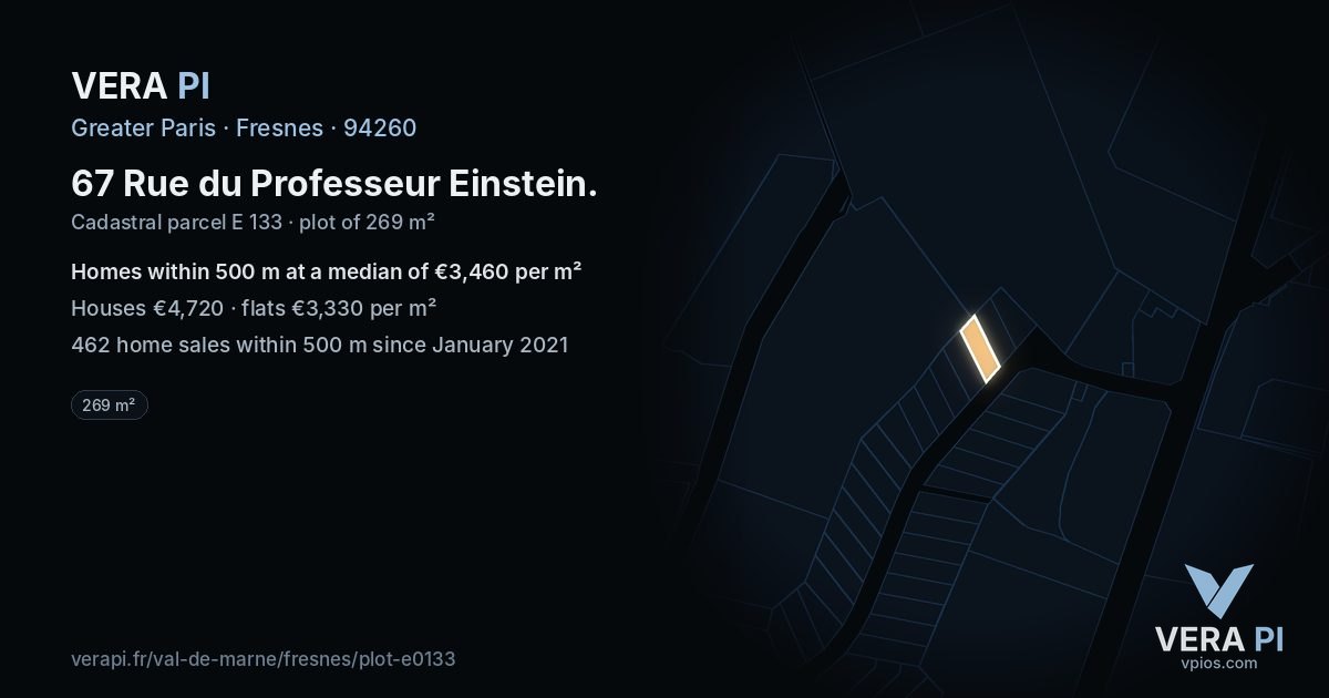 67 Rue du Professeur Einstein, Fresnes at night – the plot lit, the parcels around coloured by the prices near them